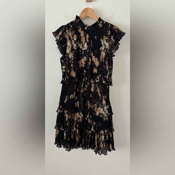 Allsaints Antheia Tiered Plissé Dress Black/ Gold Size 4 - Picture 5 of 11